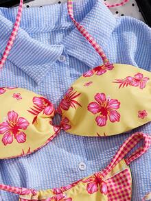 Swim Mod Conjunto de Maiô Bikini Bandeau Reversível com Estampa Floral Feminino - Multicolorido - Visão 7