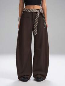 SHEIN EZwear Pantaloni marroni tinta unita alla moda, taglio morbido, pantaloni da tailleur per donna in autunno/inverno, taglie comode - Castano - Visualizzare 9