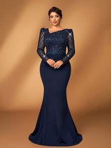 Serin Abito da sera elegante e romantico per taglie forti, con scollo asimmetrico, decorazione a nodo, maniche lunghe trasparenti, paillettes di lusso, patchwork, vita elastica arricciata, orlo a sirena, adatto per occasioni formali per mamme - Blu - Visualizzare 6