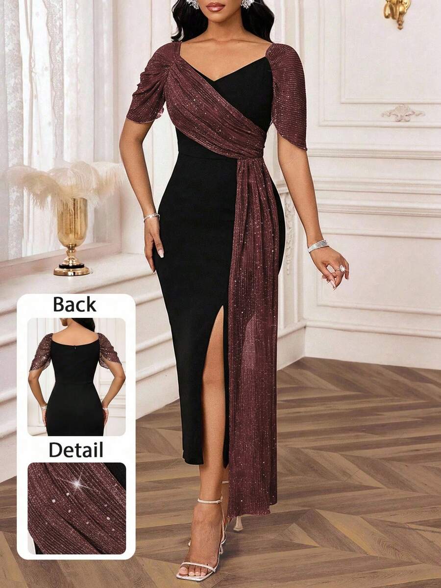 SHEIN Lady Đầm ôm thanh lịch cổ tim đính sequin màu tương phản dành cho nữ, thiết kế viền xẻ tà bên hông - Nhiều màu - Xem 1