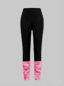 SHEIN Explorewe 2pcs Set Tween Girl Fuchsia Round Neck Portrait Print Top And Leggings, Plus Size - Hot Pink - View 5