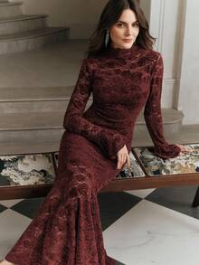 Anewsta Women's Autumn/Winter Fitted Mermaid Hem Dress, Casual Party Dress With Flare Sleeves, Burgundy Lace Ruffle Collar Elegant Lady Dress - Burgundy - View 7