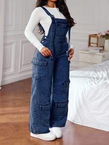 SHEIN Unity Plus Size Fashionable Minimalist Multi-Pocket Denim Bib Pants, Autumn - Blue - View 5