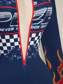 SHEIN ICON 加大码 Y2K 外出运动风格摩托车印花长袖连体裤 - 藏蓝色 - 查看 8