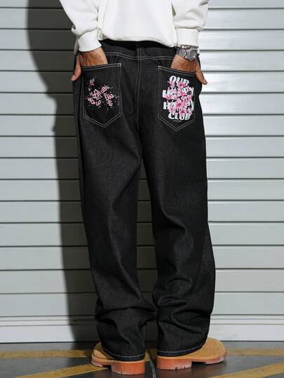 PAVTROS Avslappnad gatustil svarta lösa raka jeans, höst/vinter