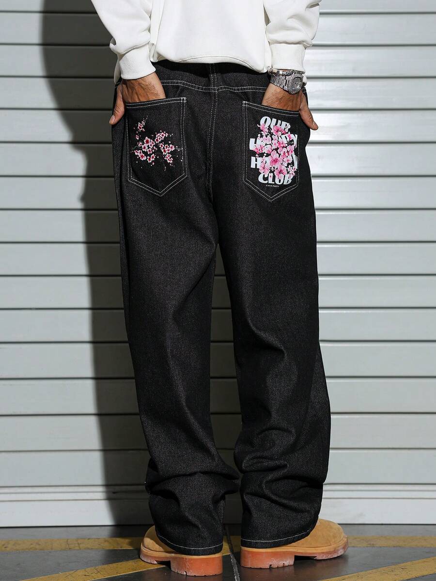 PAVTROS Casual Street Style Black Loose Straight Leg Jeans, Autumn/Winter Mens Graphic Jeans Graphic Baggy Jeans - Black - View 1