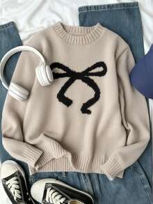 SHEIN Teen Girl Solid Color Round Neck Bow Knit Sweater, Casual Everyday Wear, Autumn/Winter - Apricot - View 2