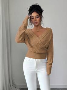 SHEIN Elenzya 女士优雅交叉V领露背毛衣，秋冬款 - 薑色 - 查看 3