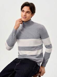 RONVEXI Áo len cổ lọ tay dài màu tương phản thường ngày cho nam, Thu/Đông - Xám - Xem 3