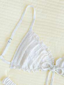 Swim Mod Textured Fabric Ruffles Front Tie Bow Waist Pleat Cute Sweet Fashionable Lively Party 2Pcs Bikini Set For Summer Beach Vacation - Beige - View 5