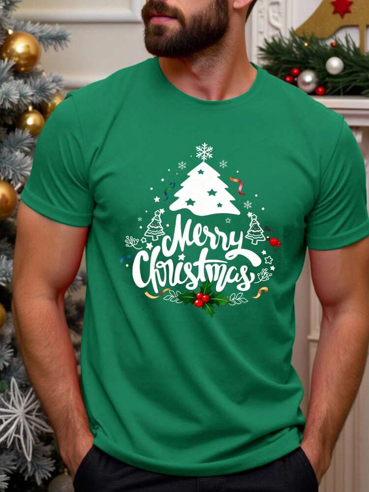 Manfinity Homme 男士休闲日常圣诞树印花圆领短袖T恤 - 綠色 - 查看 4