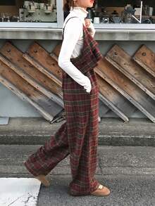 FRIFUL Women's Sleeveless Layered Ruffle Plaid Wide Leg Jumpsuit, Thick Warm Lining For Autumn/Winter Romper - Brown - View 3