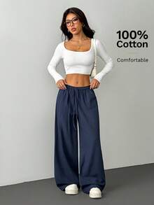 SHEIN PETITE Damen Marineblau Baumwolle und Leinen Hose,Herbst Lässig Loungewear Kordelzug Elastischer Bund Schräge Taschen Weites Bein Hose,Sommer Lockere Hose,Petite Damen - marineblau - Übersicht 6