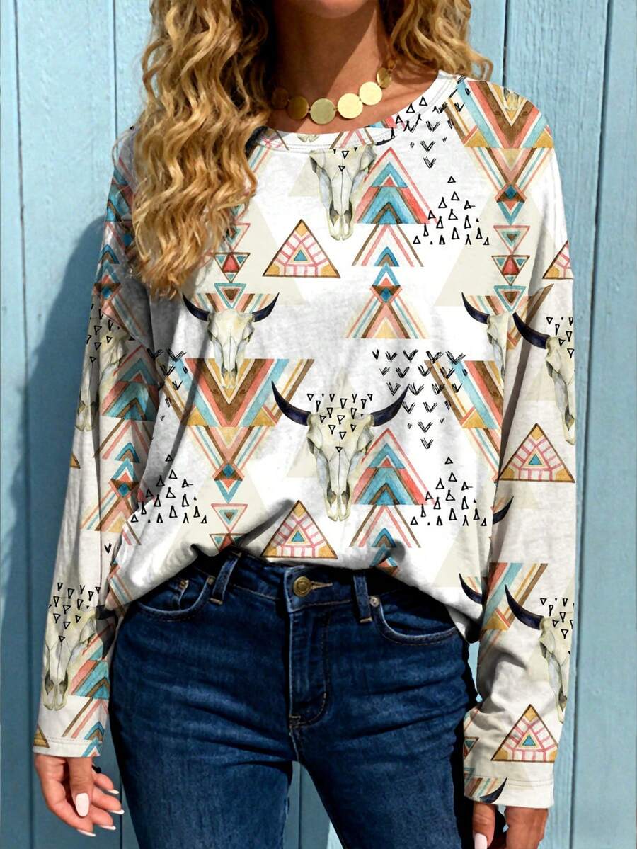 EMERY ROSE Women's Geometric Print Round Neck Loose Casual Long Sleeve T-Shirt - Multicolor - View 1