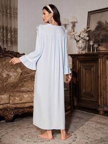 PalaceNights 复古宫廷风刺绣蕾丝边女士长款睡裙，冬季，宽松睡衣 - 淺藍色 - 查看 2