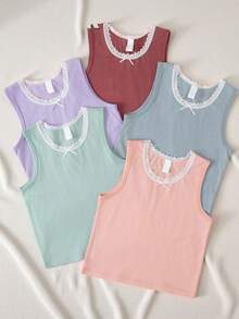 SHEIN 5 Stücke/Set Mädchen weiße Einfarbige elegante, süße Spitzenbesatz bequeme modische Unterhemd Camisoles