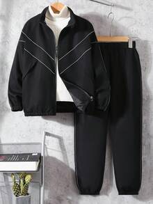 Vacaura 2pcs/Set Boys' Sporty Casual White Stripe Black Jacket And Drawstring Pants, Suitable For Autumn/Winter Outdoor Activities - Black - View 4