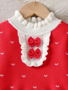 Sparklyn Young Girls' Cute Versatile Autumn/Winter New Sweet Heart Jacquard Dress With Ruffled Collar, Long-Sleeve Knit Dress For Festivals Christmas Girls Dress Autumn And Winter Young Girls Dress Girl Spring And Autumn Dress Girls Knitted Dress Girls Red Dress Girls Spring And Autumn Dress Red Knitted Dress - Red - View 3