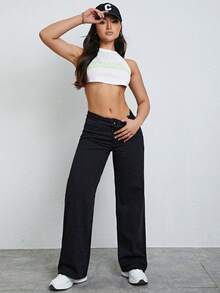SHEIN ICON 大码女式弹力腰复古黑色直筒牛仔裤 - 黑色 - 查看 4