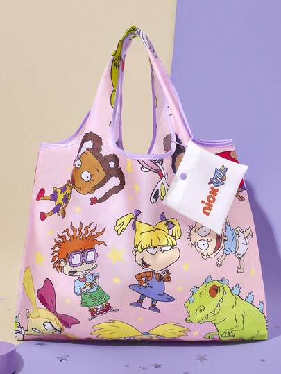 Nick 90s | SHEIN 1个印有可爱卡通人物图案的可折叠购物袋/手提袋，配有带珠链的小收纳袋，可悬挂在袋子上，是理想的礼物之选。