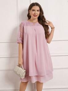 Miaspire Plus Size Women's Round Neck Mesh Splice Casual Daily Wear Spring Summer Ripe Elegant Mom Pink Dress