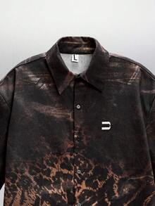 NEON BLANC Casual Drop Shoulder Short Sleeve Front Button Fashionable Leopard Print Denim Blouse - Black - View 3