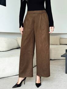 Modelyn Plus Size Solid Color Fold Pleated Pocket Casual Wide Leg Pants - Brown - View 5