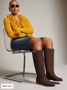 SHUZIA 女式宽筒日常休闲舒适圆头粗跟仿麂皮及膝靴，带金属装饰 - 棕色 - 查看 5