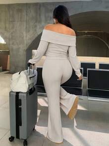 SHEIN EZwear 大码休闲家居服简约露肩罗纹两件套 - 卡其色 - 查看 2