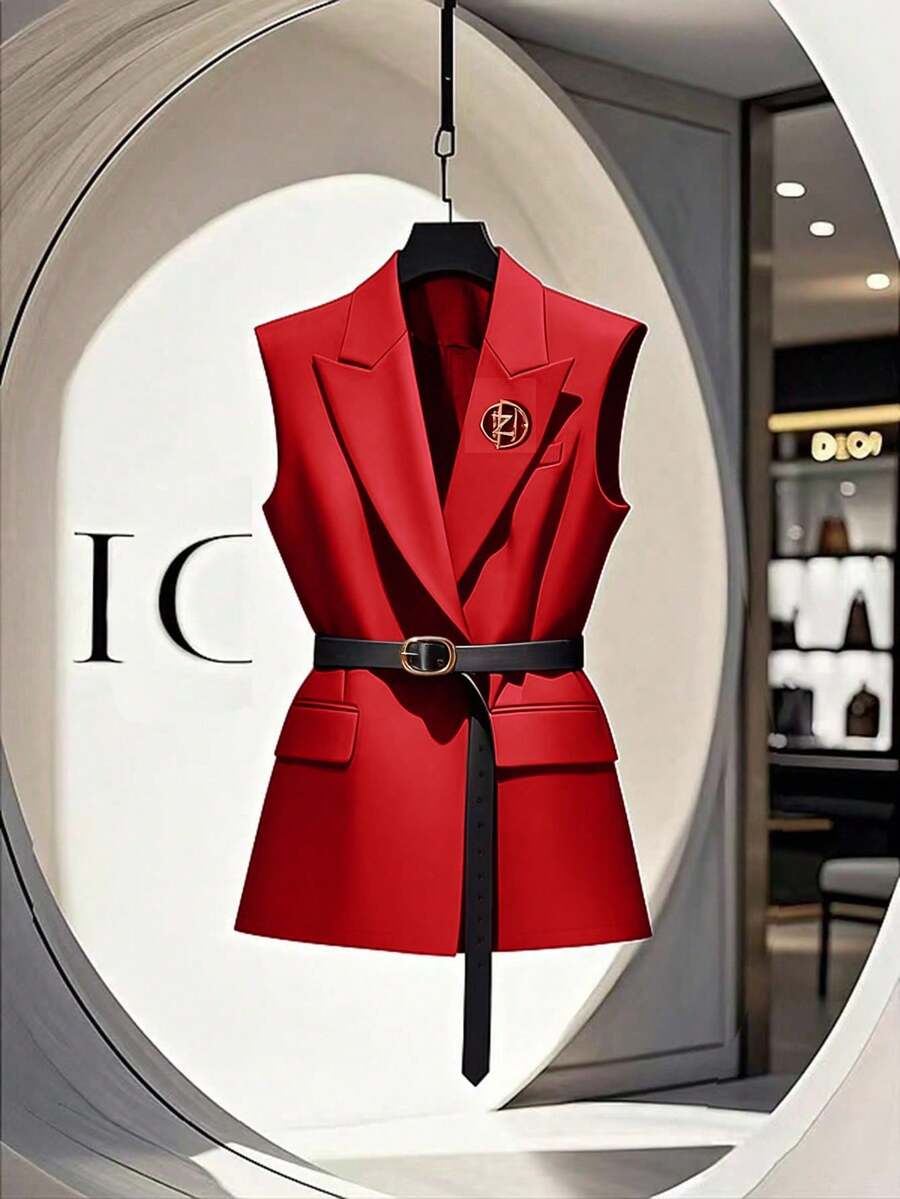 Franclia Women's Elegant Lapel NeckSophisticated Vest Jacket - Red - View 1