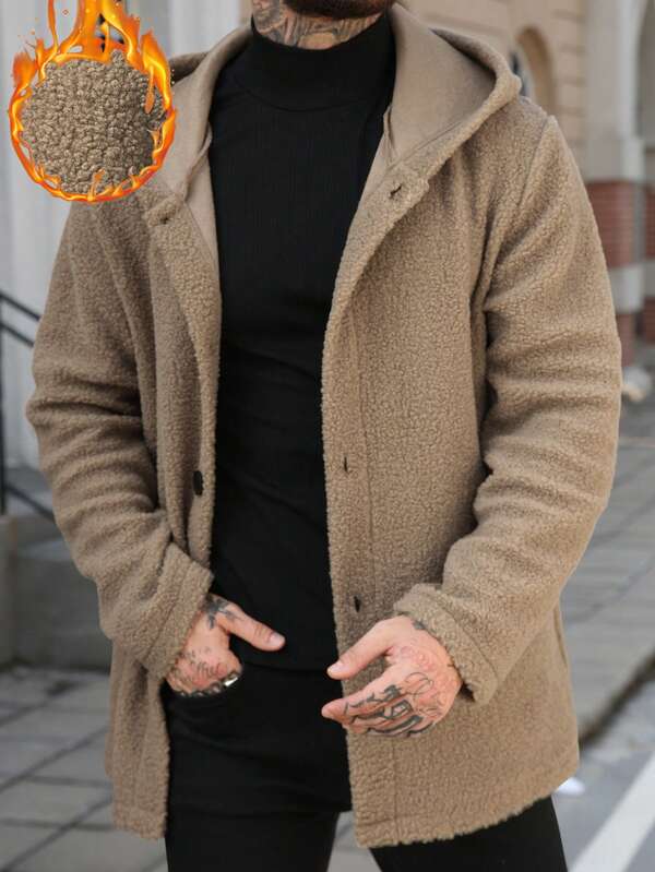 Manfinity Nomadique Men's Solid Color Long Sleeve Single-Breasted Casual Hooded Overcoat, Autumn/Winter