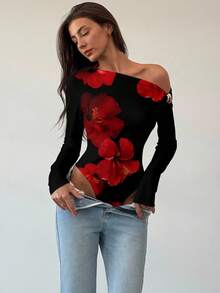 Aloruh Body sofisticado y moderno de color negro con decoración metálica de nudo retorcido, estampado floral rojo sexy en todo el Body, adecuado para citas, estiloso para combinar capas, body versátil - Negro - Ver 3