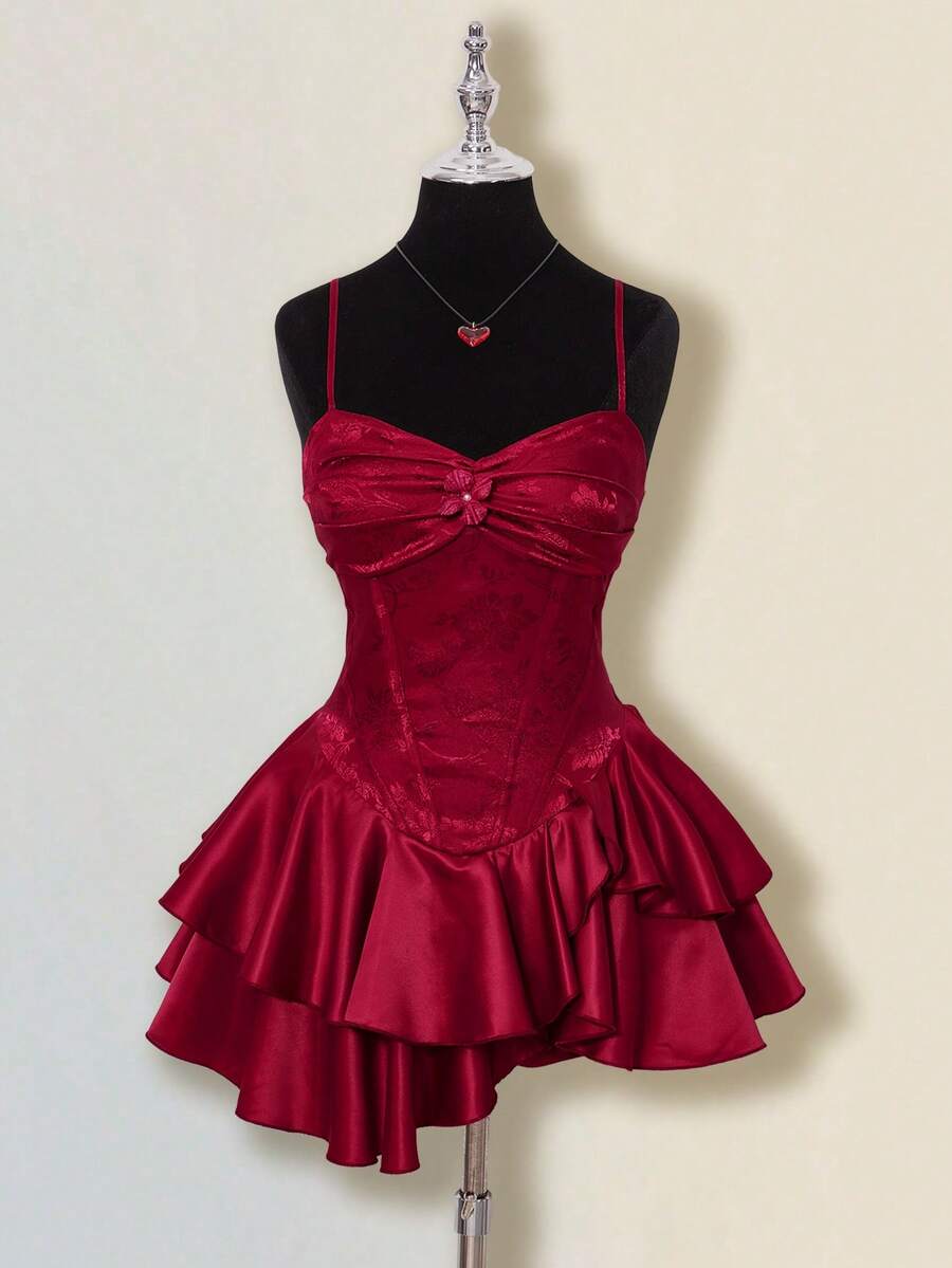 SHEIN ICON 提花面料不对称下摆迷你连衣裙，宫廷风格 - 酒紅色 - 查看 1