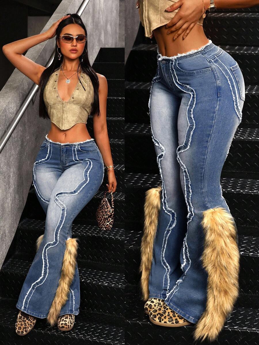 Jeanoix Quần jeans ống loe chắp vá mềm mại cỡ lớn dành cho nữ - Màu xanh lam - Xem 1