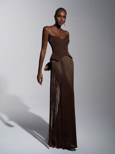 Elitara Elegant lyxig sexig stickad glitter off-shoulder kattkrage i midjan med tofsdekor och bodycon-klänning, lämplig för cocktailparty, gala, utställning, affärsevenemang och formella tillfällen