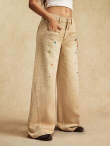 Easelle Quần jeans ống rộng dáng rộng thiết kế gợi cảm dành cho nữ, phong cách thoải mái - Màu Khaki - Xem 4