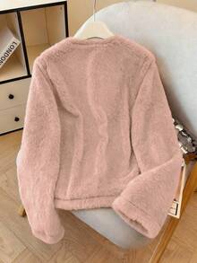 GlowEve 女士纯色圆领长袖短款毛绒前开襟纽扣优雅秋冬外套 - 藕粉色 - 查看 2