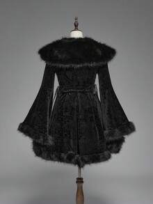ROMWE Gothic Vintage Patchwork Faux Fur Collar Paisley Velvet Embossed Flare Sleeve Regular Jacket - Black - View 2