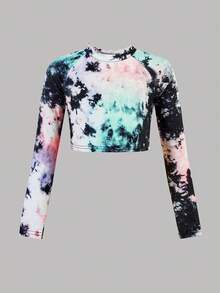 2件套女童彩色扎染印花针织运动服套装，休闲日常时尚紧身衣和舞蹈服 - 彩色 - 查看 8