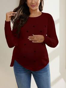 SHEIN Sweater Pinggang Motif Hati Kasual Modis untuk Wanita Hamil, Musim Gugur/Dingin - Burgundy - View 4