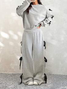 Coolane Kids 少女秋冬季休闲宽松蝴蝶结装饰两件套，万圣节，圣诞节 - 灰色 - 查看 5