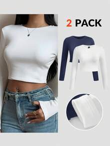 SHEIN BASICS 2 chiếc áo thun ngắn tay dài cổ tròn dệt kim trơn dành cho nữ, vải ấm nâng cấp, lót nhiệt mà không cồng kềnh, áo thun co giãn cơ bản đa năng cho mùa thu đông dành cho nữ - Màu xanh lam - Xem 6