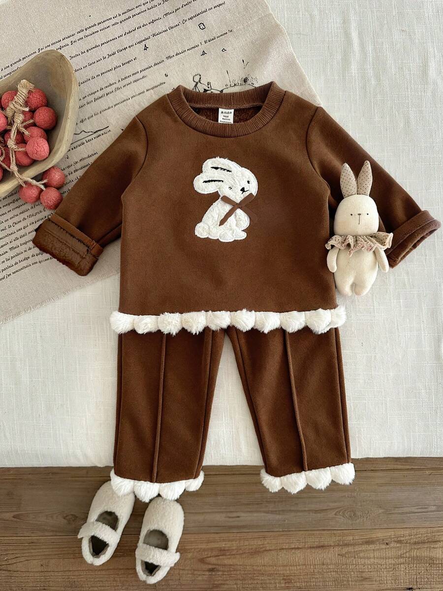 SHEIN 女婴休闲可爱兔子刺绣毛边圆领长袖针织上衣和喇叭裤套装，秋冬款 - 棕色 - 查看 1