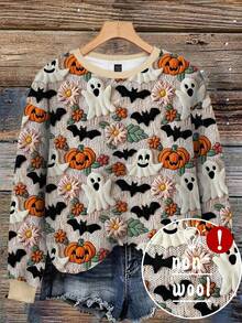 EMERY ROSE 女士万圣节幽灵、南瓜和蝙蝠印花插肩长袖套头卫衣秋季卫衣 - 彩色 - 查看 1