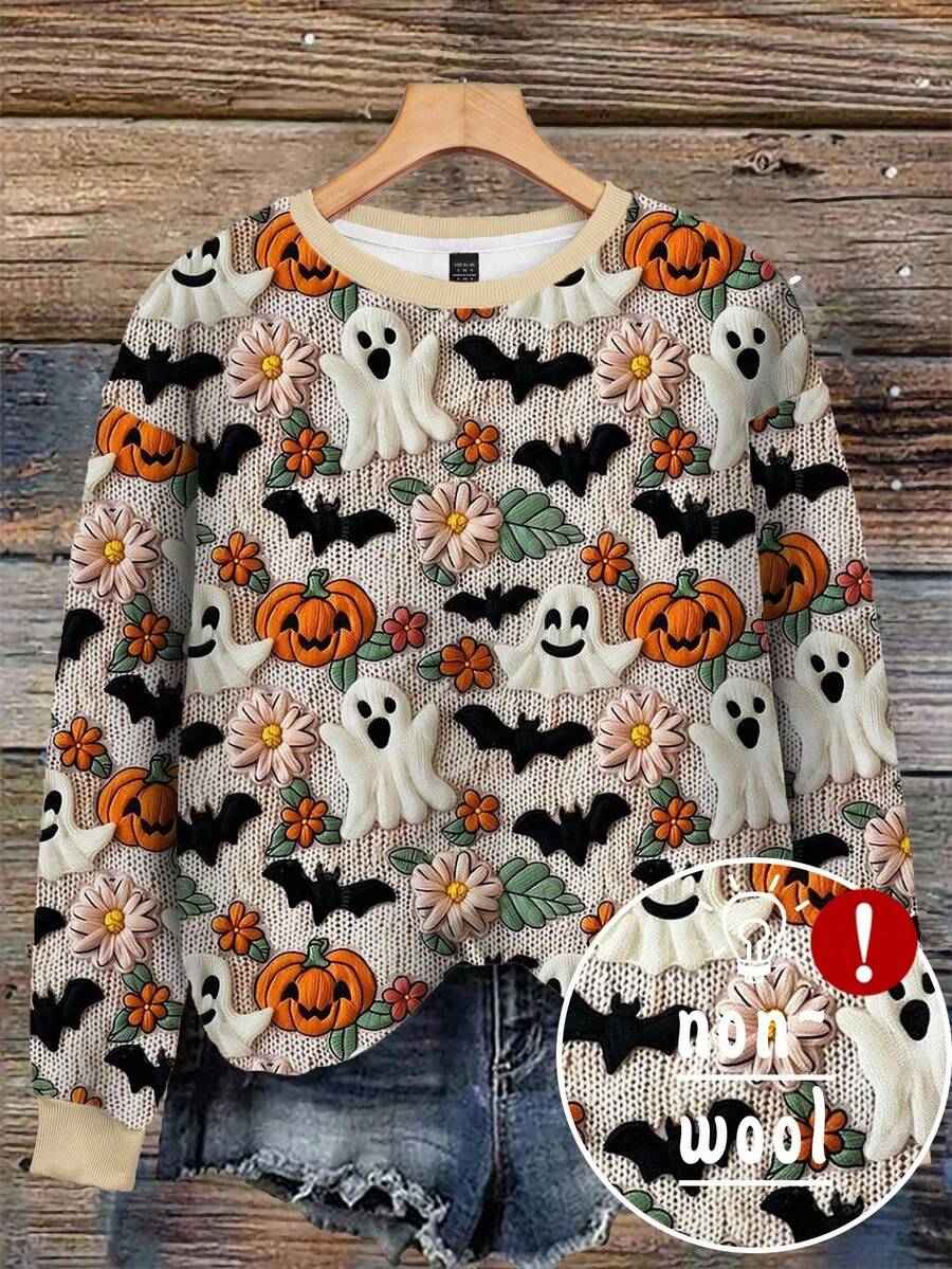 EMERY ROSE 女士万圣节幽灵、南瓜和蝙蝠印花插肩长袖套头卫衣秋季卫衣 - 彩色 - 查看 1