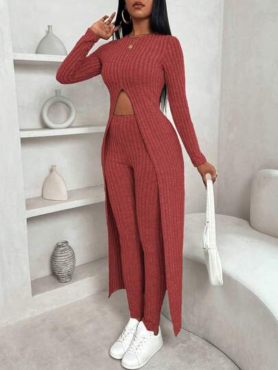 VaVaBold 2 piezas/Set Camiseta de manga larga y pantalones con dobladillo dividido de felpa acanalada, ropa de invierno, conjuntos de suéter, manga larga, ajustado, cráteres de felpa, atuendo para senderismo, blusas de invierno, leggings de invierno, conjunto de mujer, dama elegante, blusas de otoño, ropa de invierno, mantener caliente, manga larga