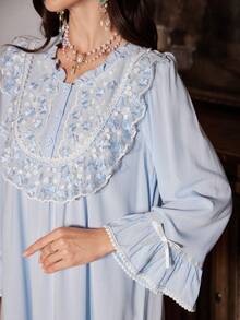 PalaceNights 复古宫廷风刺绣蕾丝边女士长款睡裙，冬季，宽松睡衣 - 淺藍色 - 查看 4