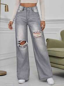 SHEIN ICON Jeans de pierna ancha con cintura alta y rotos en azul denim lavado - Gris - Ver 3