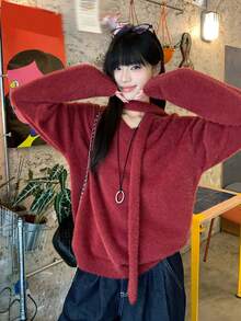 DAZY Women's Elegant Solid Color V-Neck Scarf Sweater, Autumn/Winter New Year Christmas - Burgundy - View 3