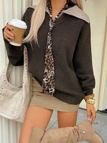 DAZY Women's Casual Colorblock Patchwork 2 In 1 Turtleneck Sweater, Autumn/Winter - Coffee Brown - View 6